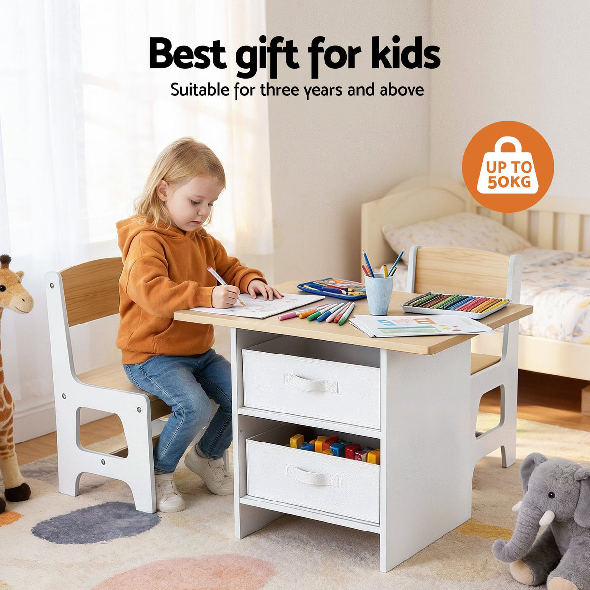 Keezi Kids Table and 2 Chairs Set with Fabric Drawers
