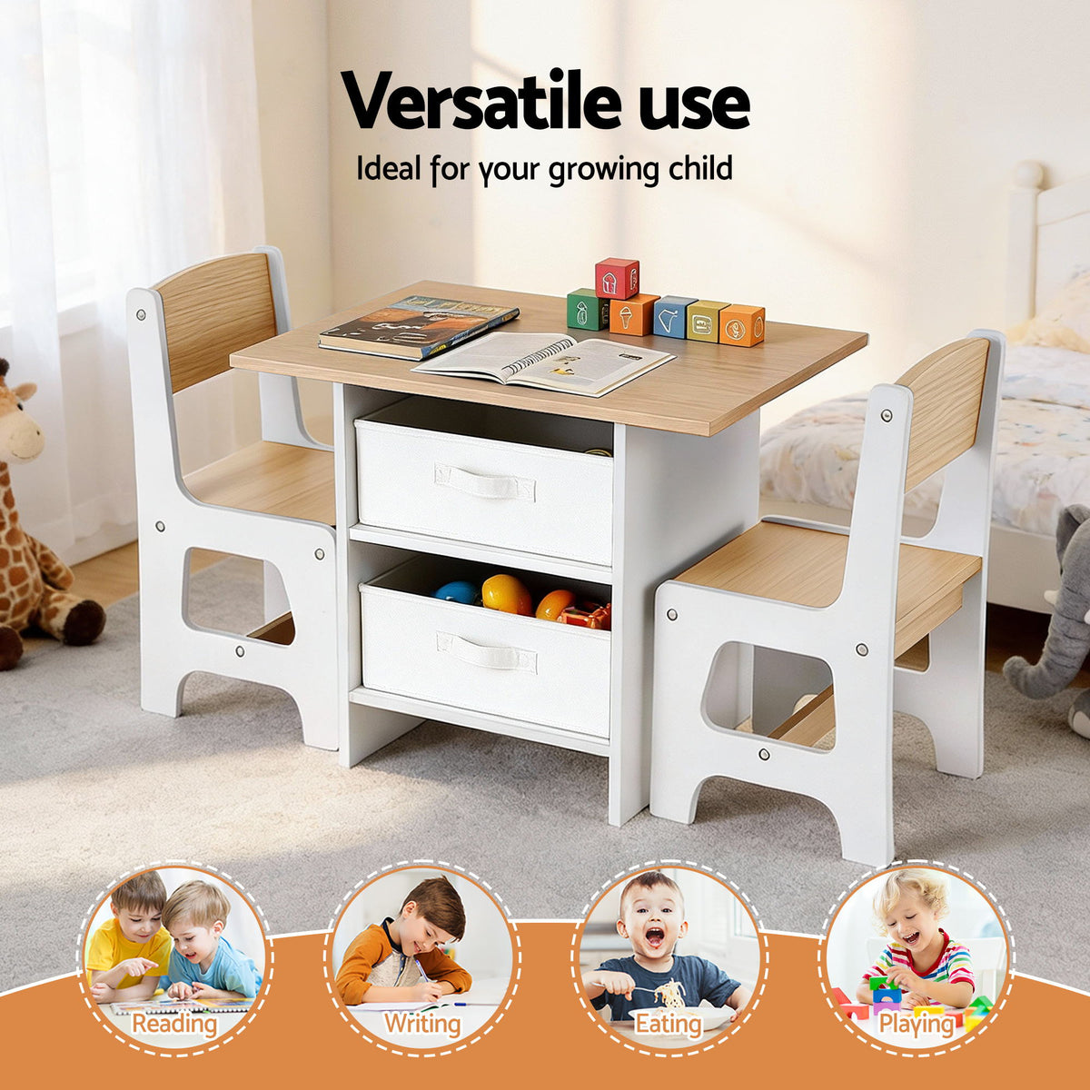 Keezi Kids Table and 2 Chairs Set with Fabric Drawers
