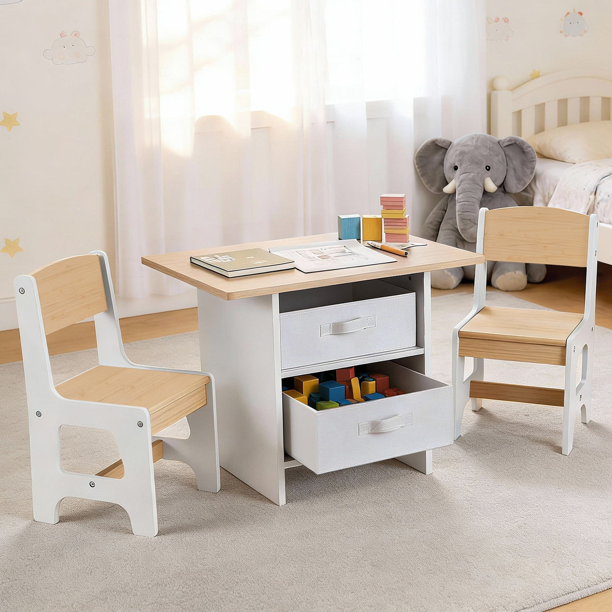 Keezi Kids Table and 2 Chairs Set with Fabric Drawers