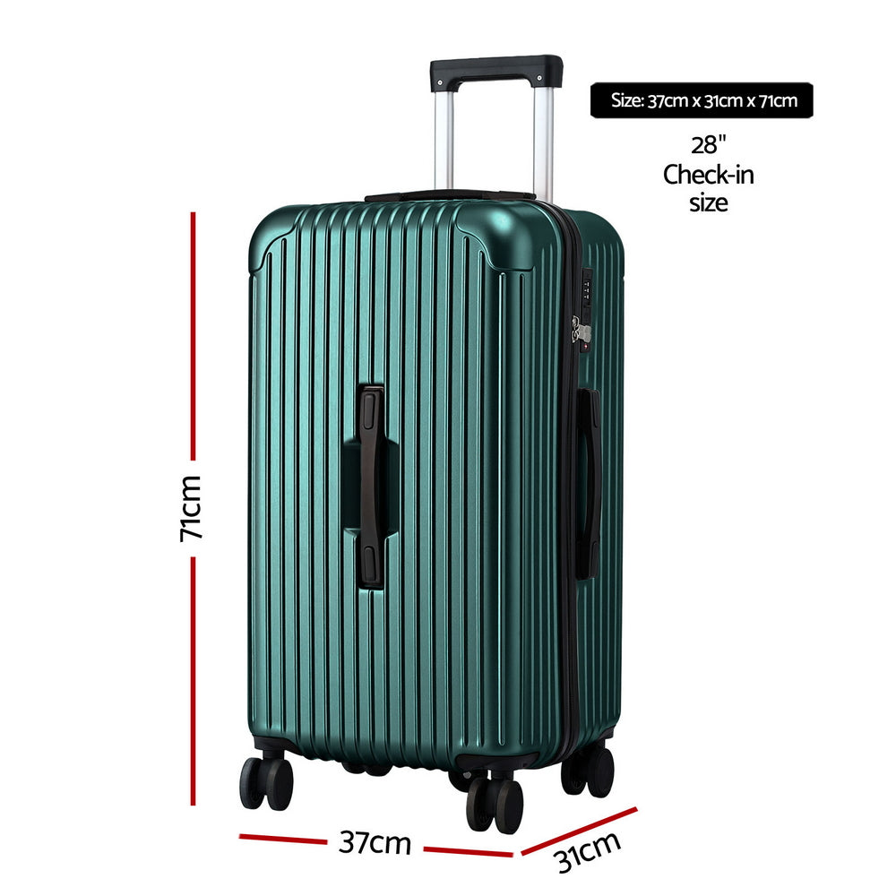 Wanderlite 28 Inch Trunk Luggage, Green, Type C Port, with its measurements marked