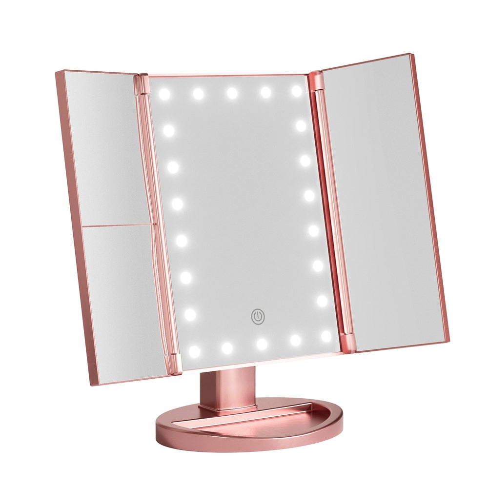 Embellir Tri-Fold LED Makeup Mirror with 2x and 3x Magnification, Pink