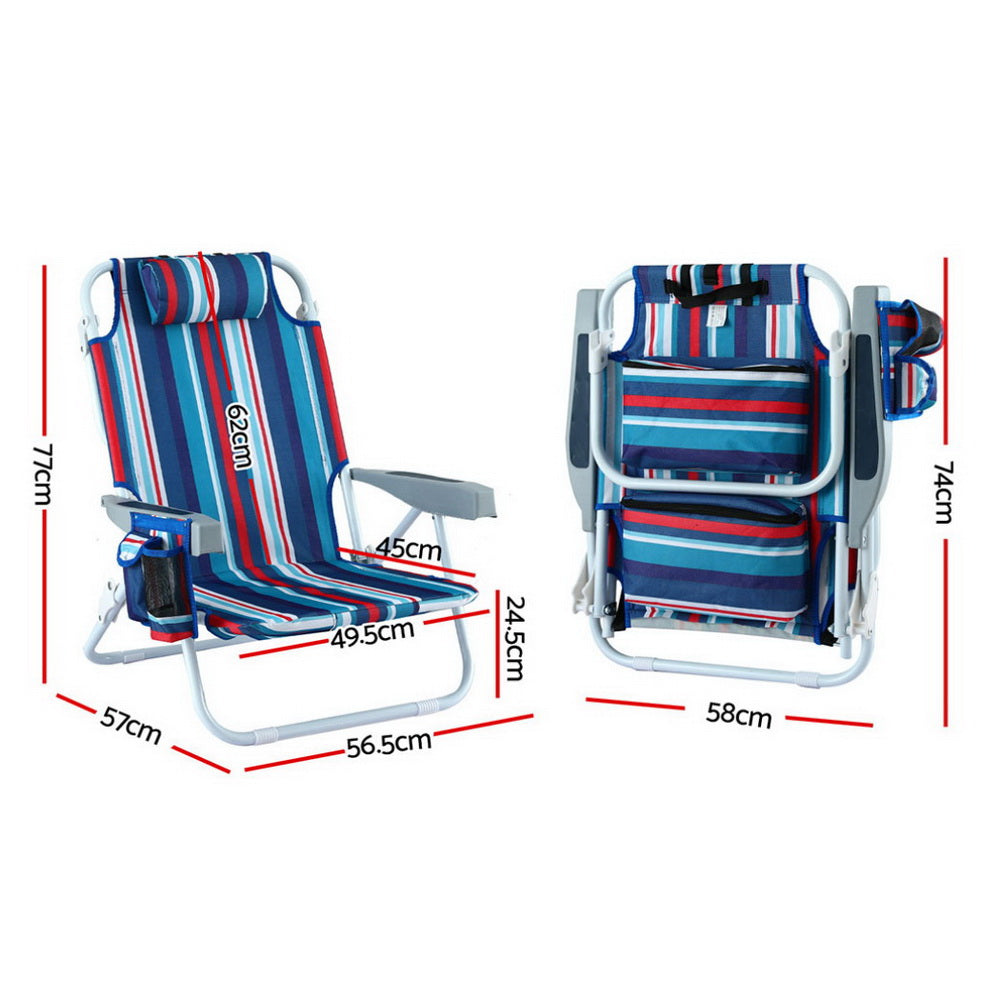 Gardeon Backpack Beach Chair Set, 2 Piece, Blue, with its measurements marked