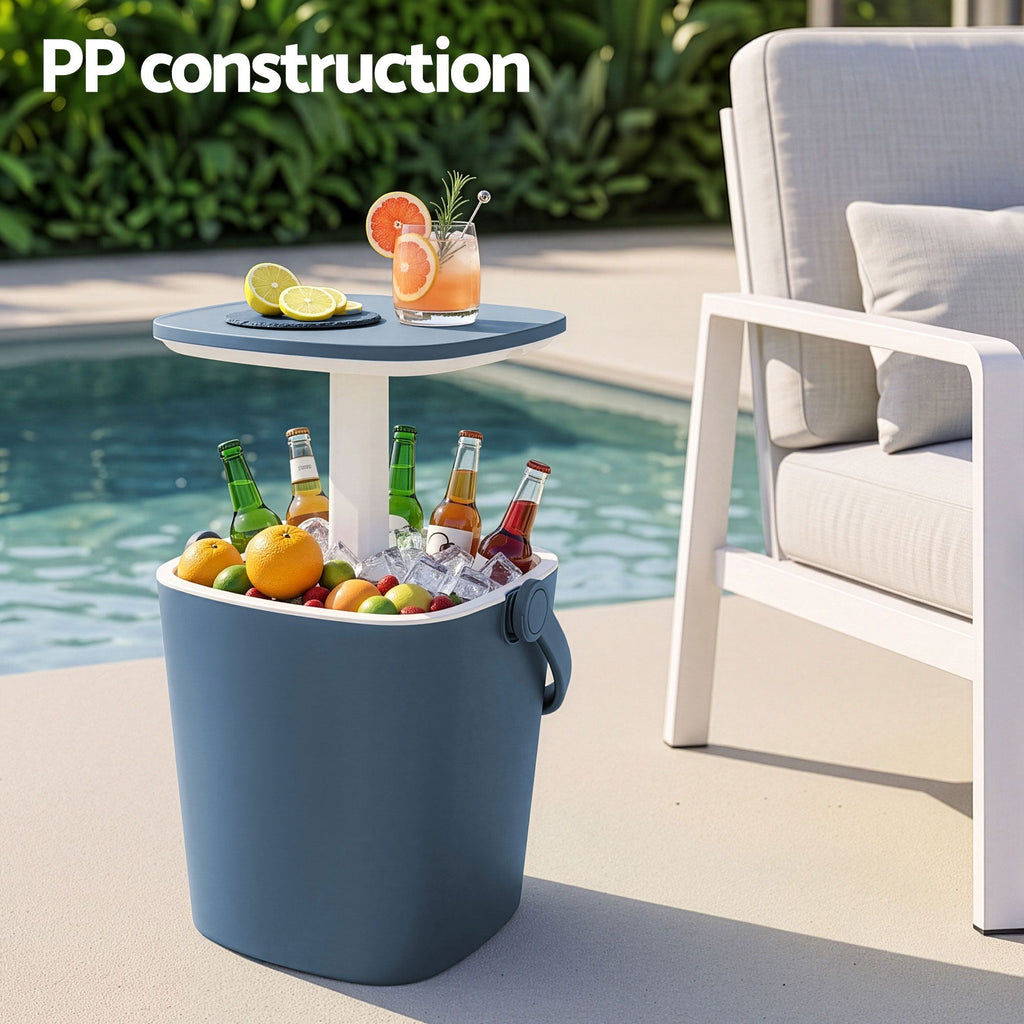 Gardeon 2-in-1 Outdoor Bar Table and Ice Bucket, 15L, Blue, shown in a real setting, photo 4 of 8