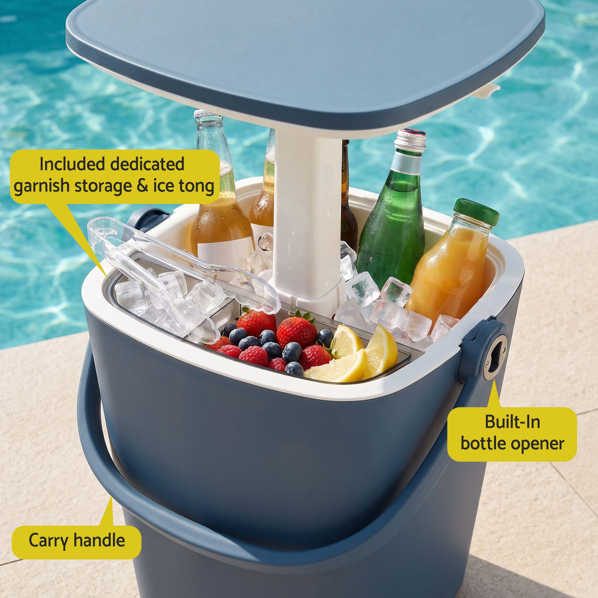 Gardeon 2-in-1 Outdoor Bar Table and Ice Bucket, 15L, Blue, shown in a real setting, photo 8 of 8