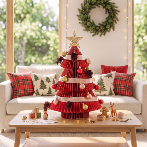 Jingle Jollys Folding Paper Tabletop Tree, Red, 47 cm, shown in a real setting
