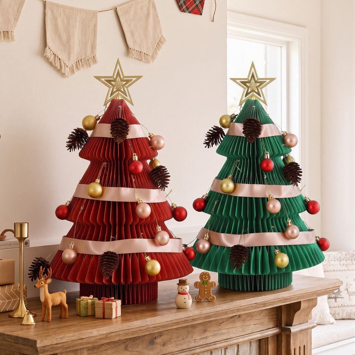 Jingle Jollys Folding Paper Christmas Trees, Red and Green, Pair, 47 cm