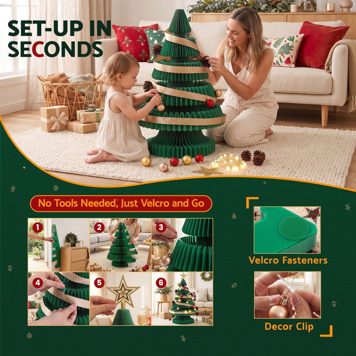 Jingle Jollys 3D Honeycomb Paper Christmas Tree Kit For Home Office Cafe Outdoor
