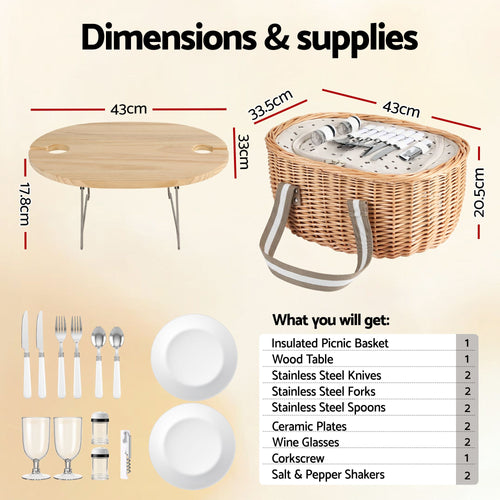 Alfresco Insulated Picnic Basket Set for 2 with Folding Wood Table, photo 2 of 6