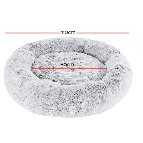 i.Pet Calming Plush Pet Bed, Charcoal, 110 cm, with its measurements marked