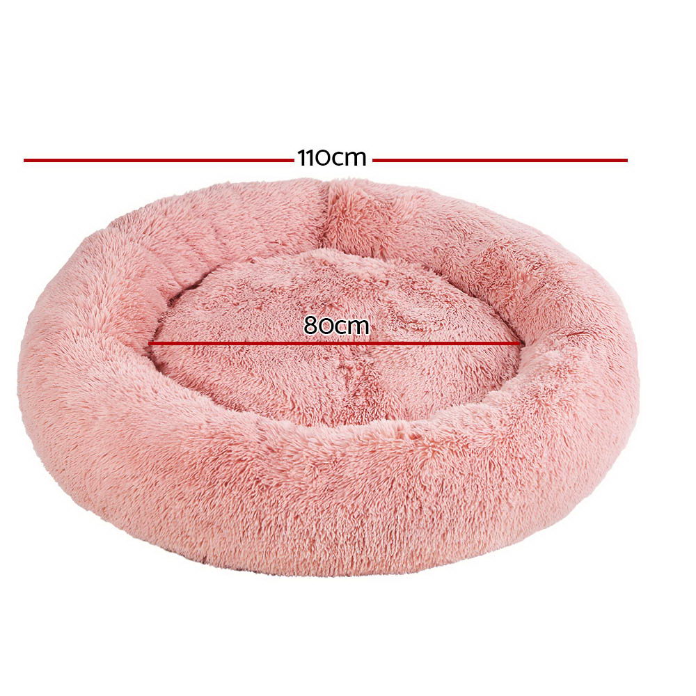 i.Pet Calming Plush Pet Bed, Pink, 110 cm, with its measurements marked