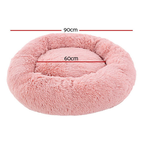 i.Pet Calming Plush Pet Bed, Pink, 90 cm, with its measurements marked
