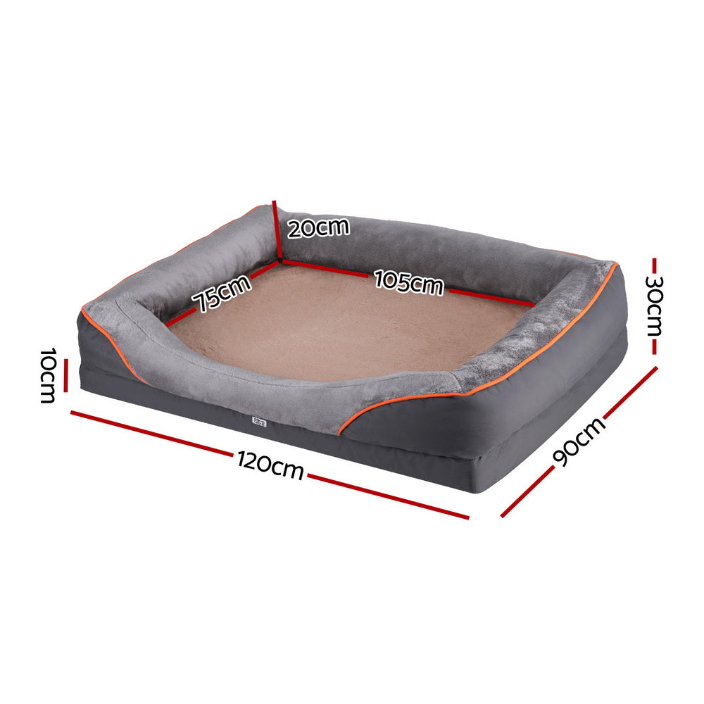 i.Pet Foam Pet Bed, Grey and Yellow, 120 cm, with its measurements marked