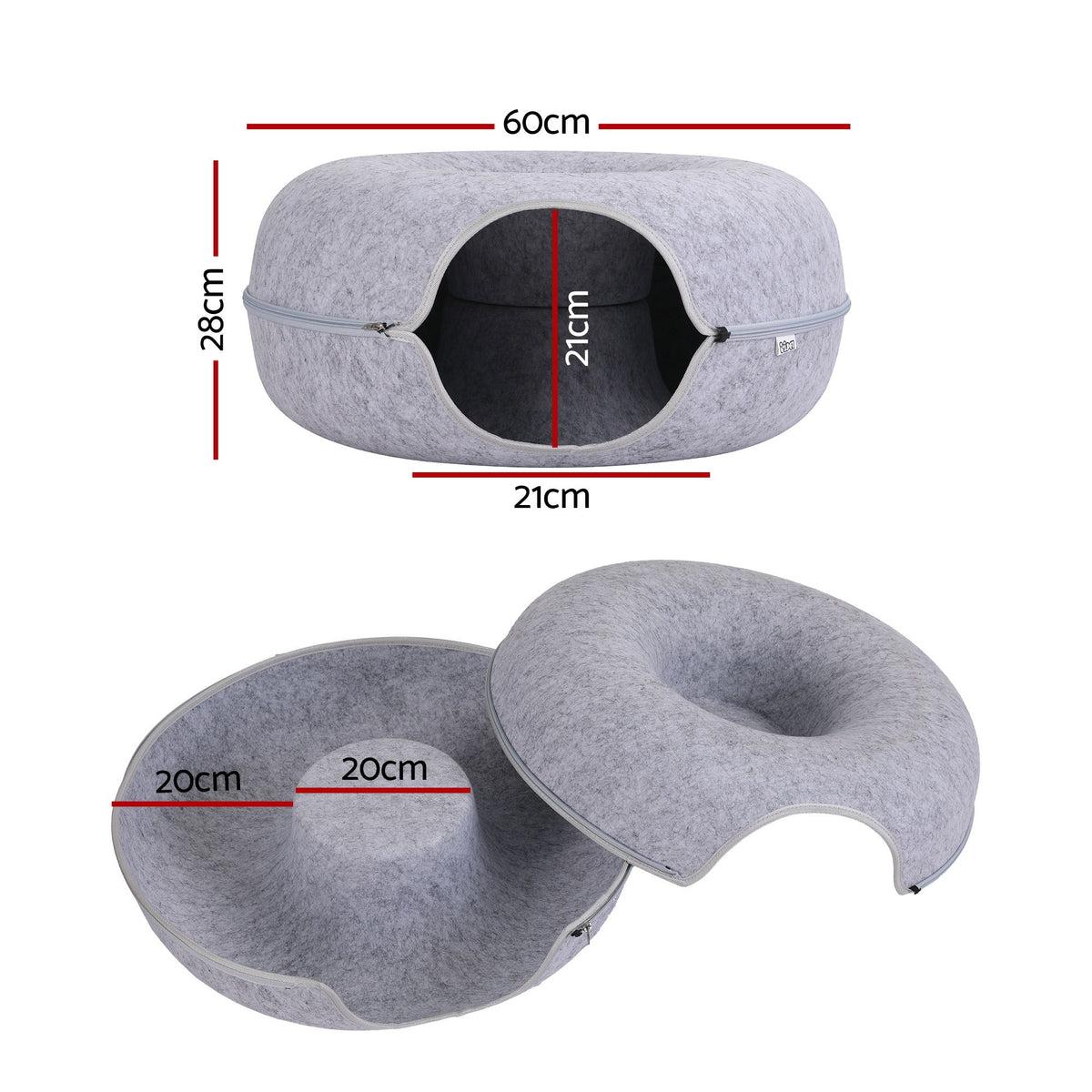 i.Pet Cat Bed with Tunnel 60x28CM Donut Felt Cave Hideaway Detachable