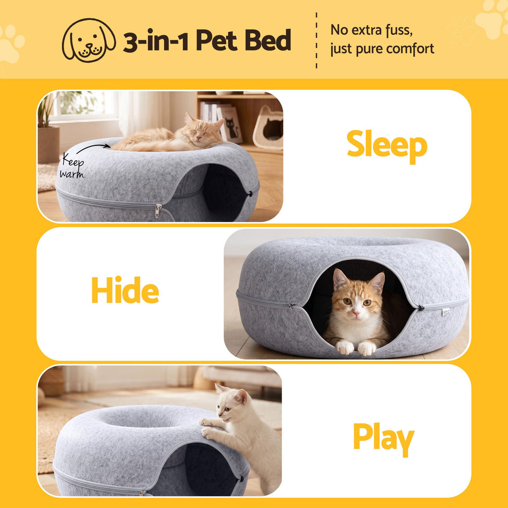 i.Pet Cat Bed with Tunnel 60x28CM Donut Felt Cave Hideaway Detachable