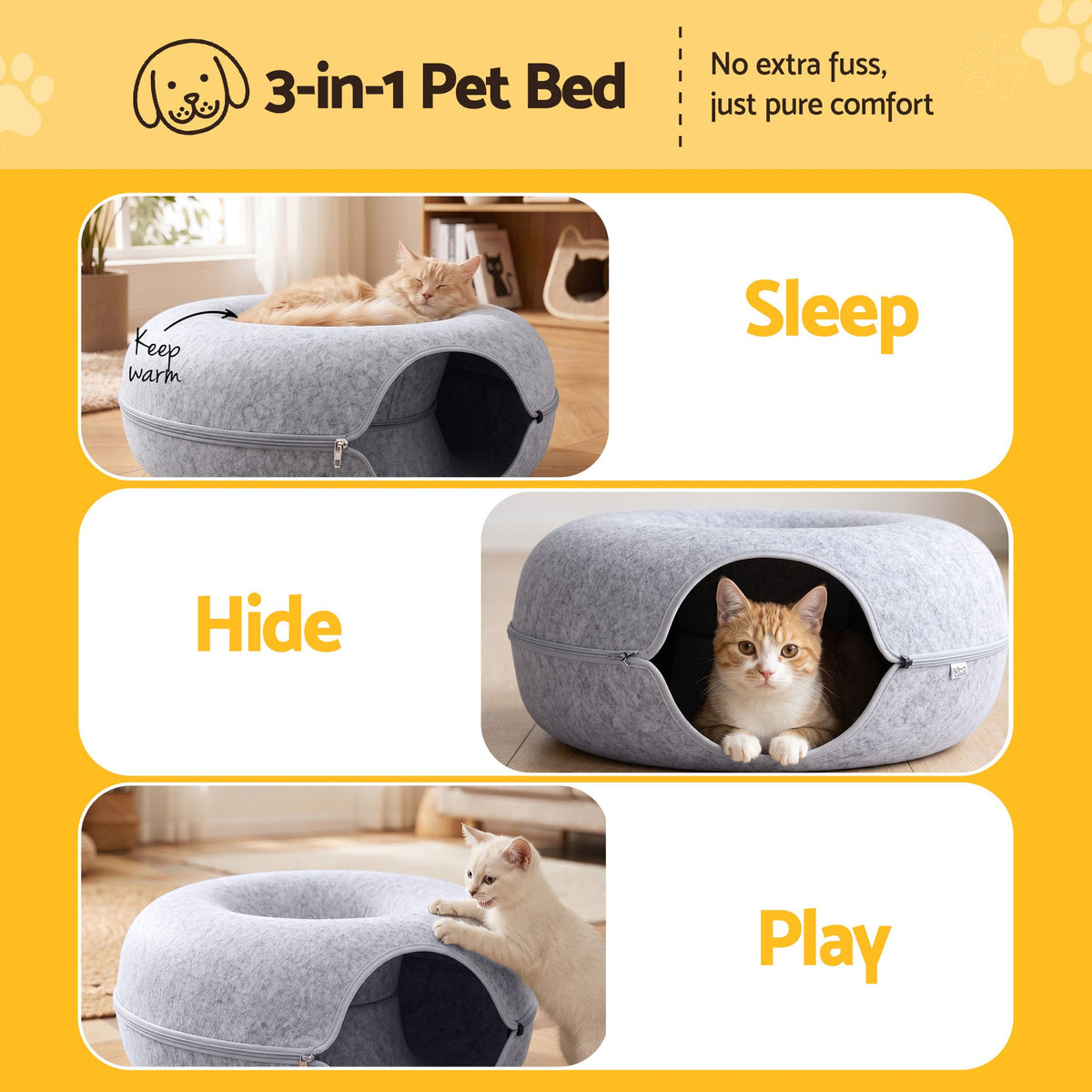 i.Pet Cat Bed with Tunnel 60x28CM Donut Felt Cave Hideaway Detachable