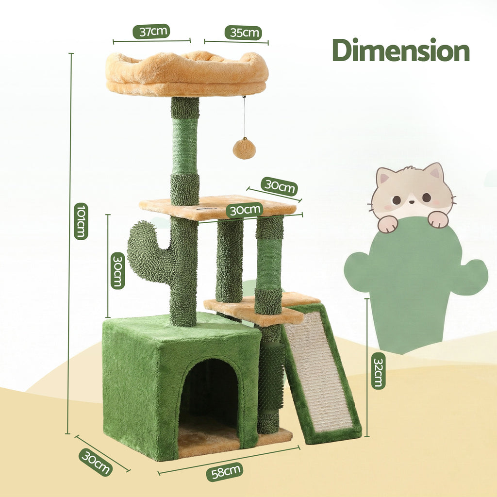 i.Pet Cat Tree, 101 cm, Green, 80 kg Capacity, with its measurements marked