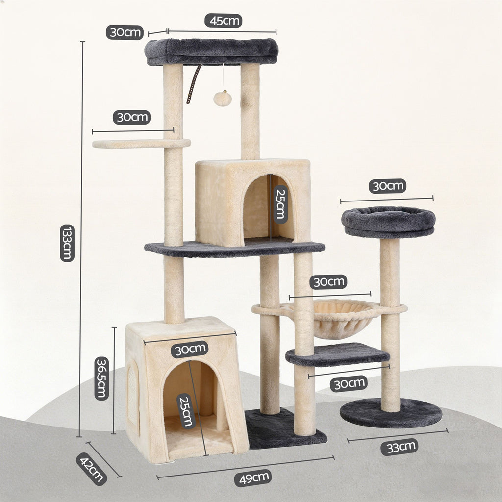 i.Pet Cat Tree, 133 cm, Rotatable L-Shape, Grey and Beige, with its measurements marked, photo 2 of 6