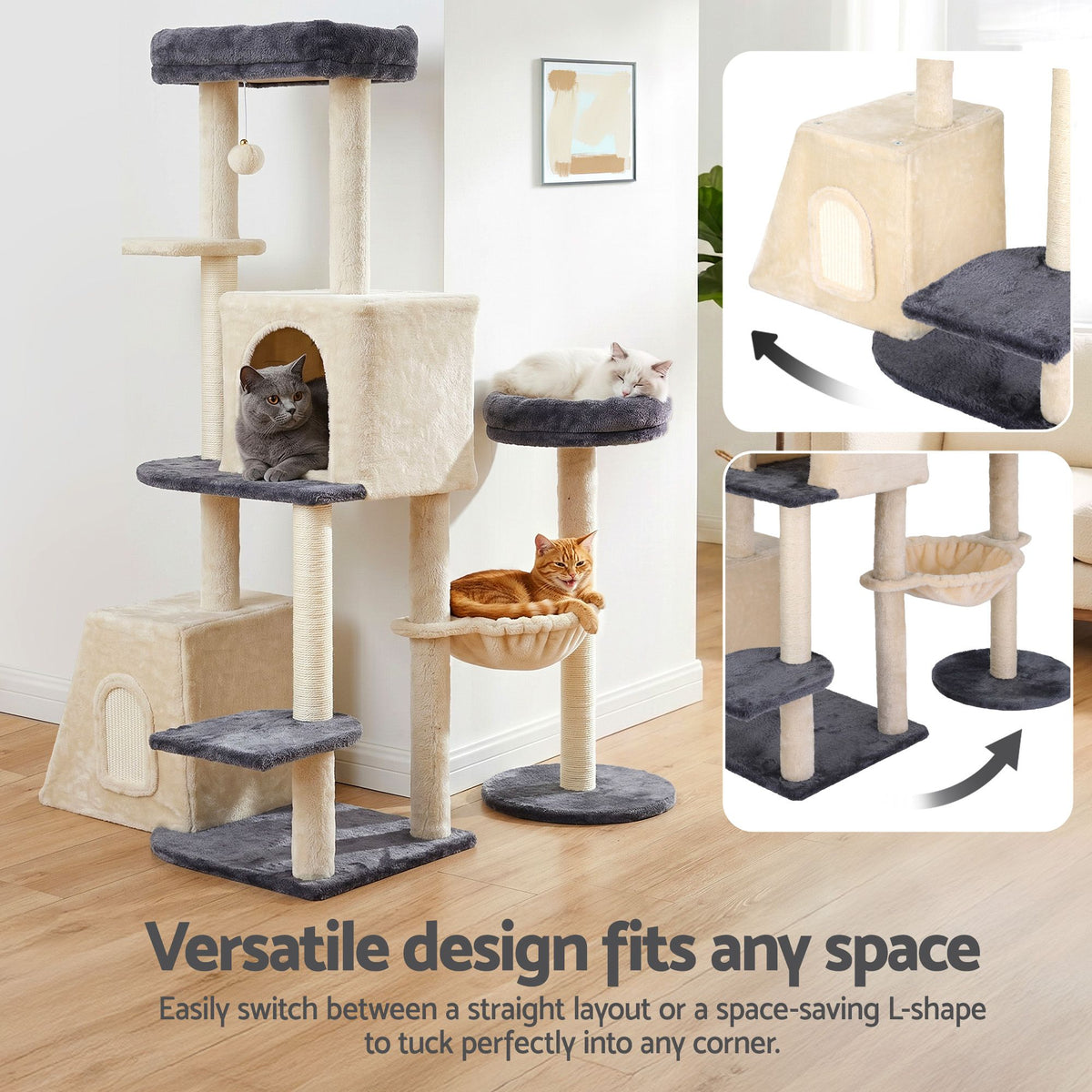 i.Pet Cat Tree Tower 133cm Rotatable L-Shape Design Scratching Post
