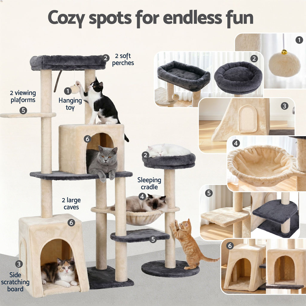 i.Pet Cat Tree, 133 cm, Rotatable L-Shape, Grey and Beige, with its measurements marked, photo 6 of 6
