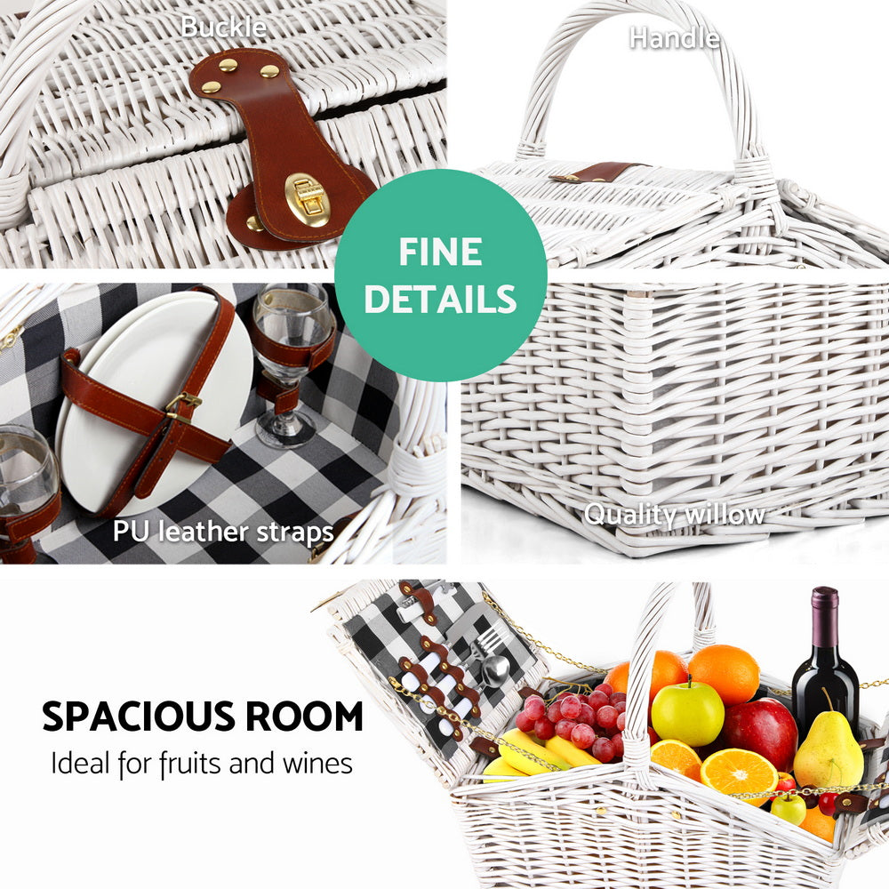 Alfresco 2 Person Willow Picnic Basket Set, White, shown in a real setting