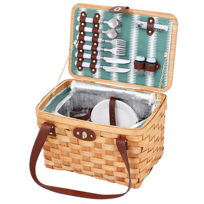 Alfresco 2 Person Picnic Basket Set Wooden Cooler Bag Plates Outdoor