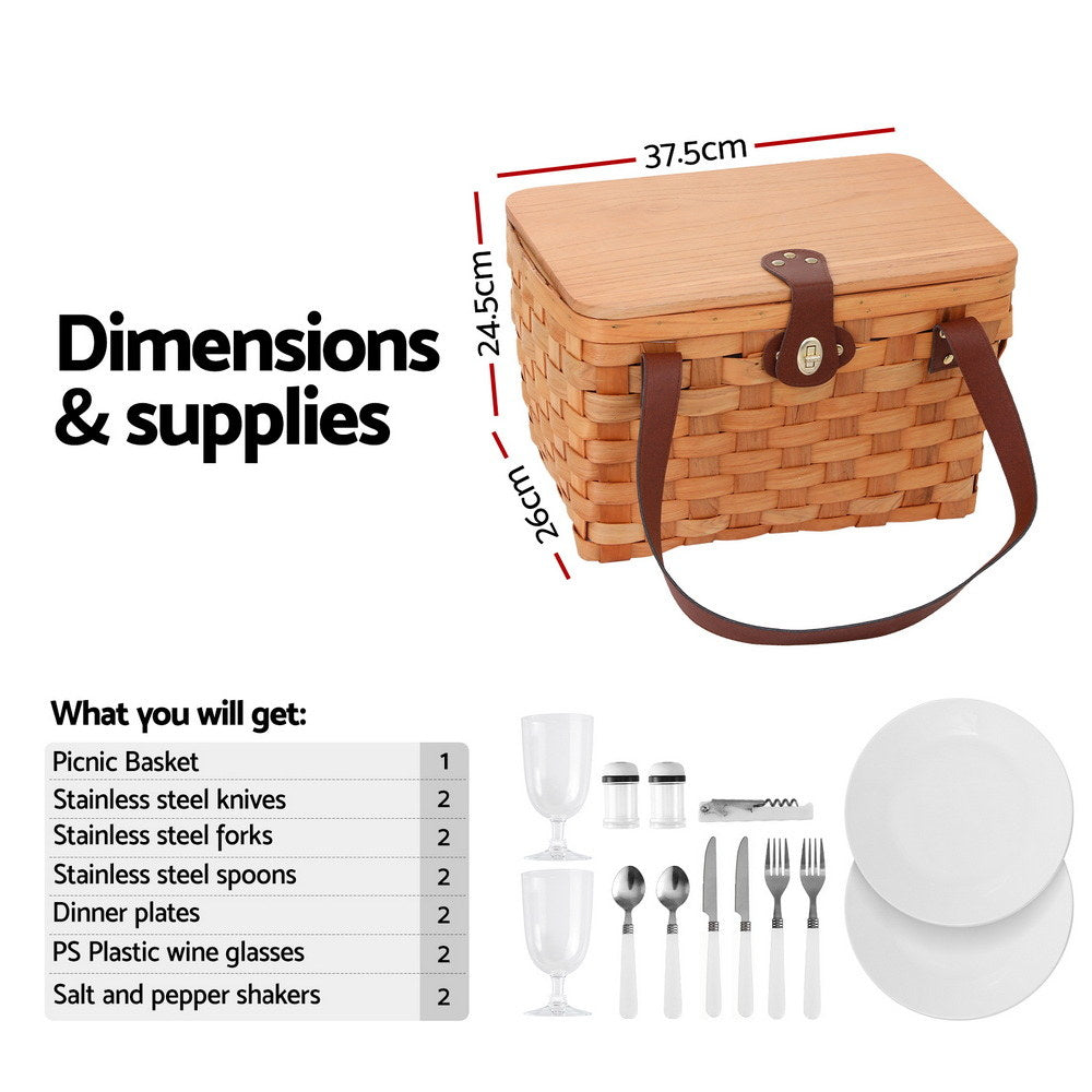 Alfresco 2 Person Picnic Basket Set Wooden Cooler Bag Plates Outdoor