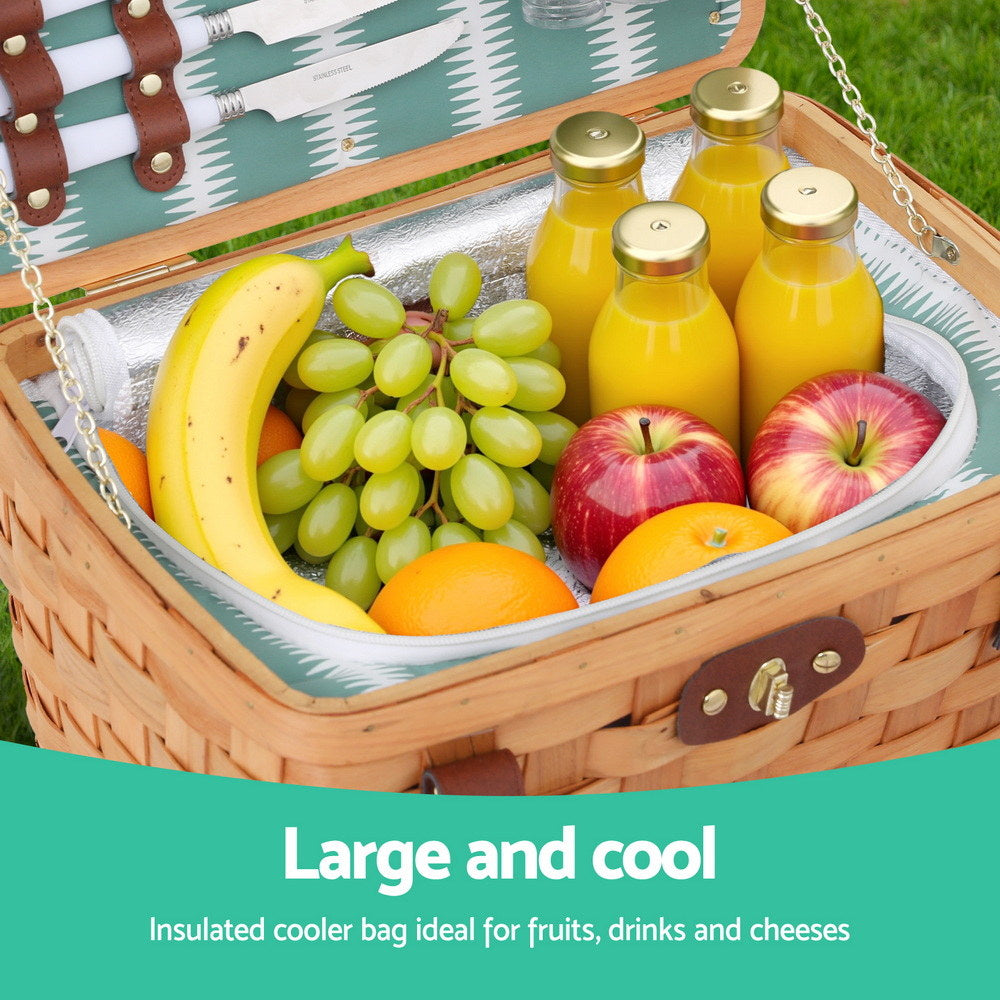 Alfresco 2 Person Picnic Basket Set Wooden Cooler Bag Plates Outdoor