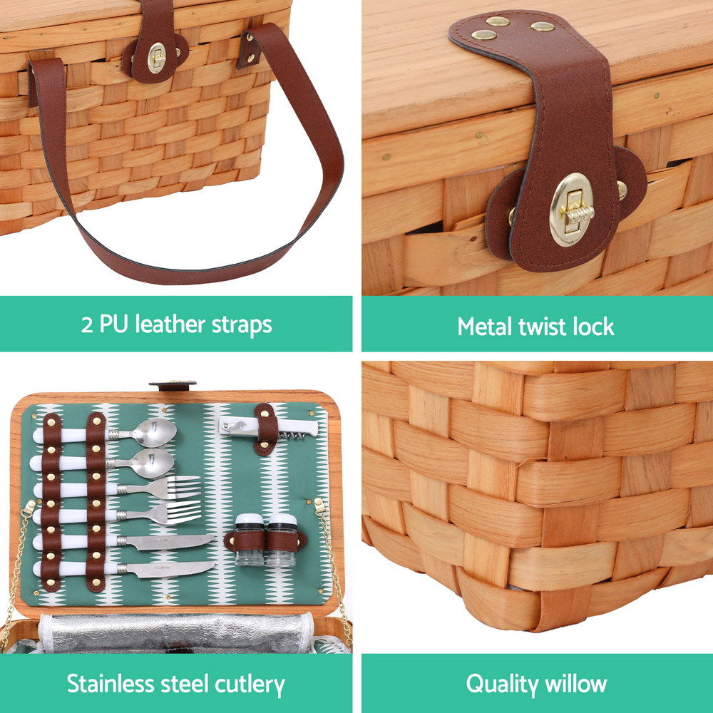 Alfresco 2 Person Picnic Basket Set Wooden Cooler Bag Plates Outdoor
