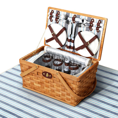 Alfresco 4 Person Picnic Basket Set Wooden Blanket Cooler Bag Outdoor, Brown