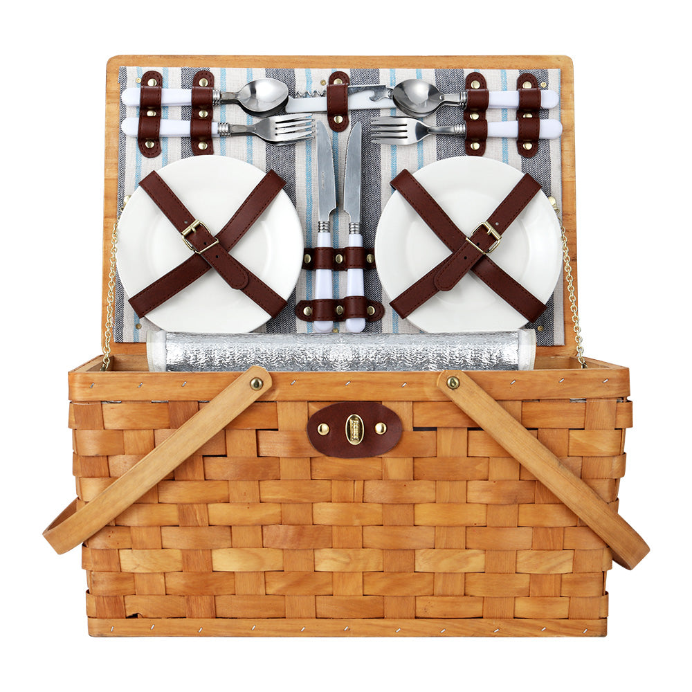 Alfresco 4 Person Picnic Basket Set Wooden Blanket Cooler Bag Outdoor
