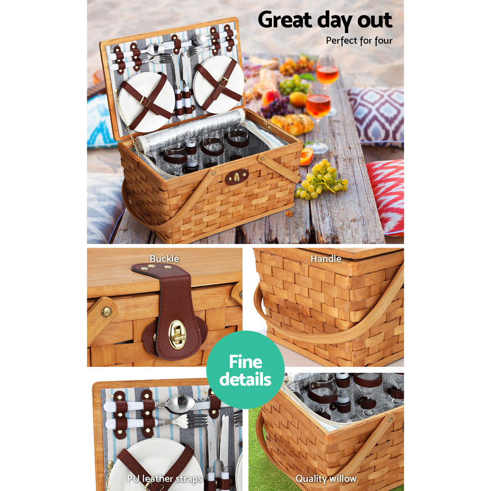 Alfresco 4 Person Picnic Basket Set Wooden Blanket Cooler Bag Outdoor