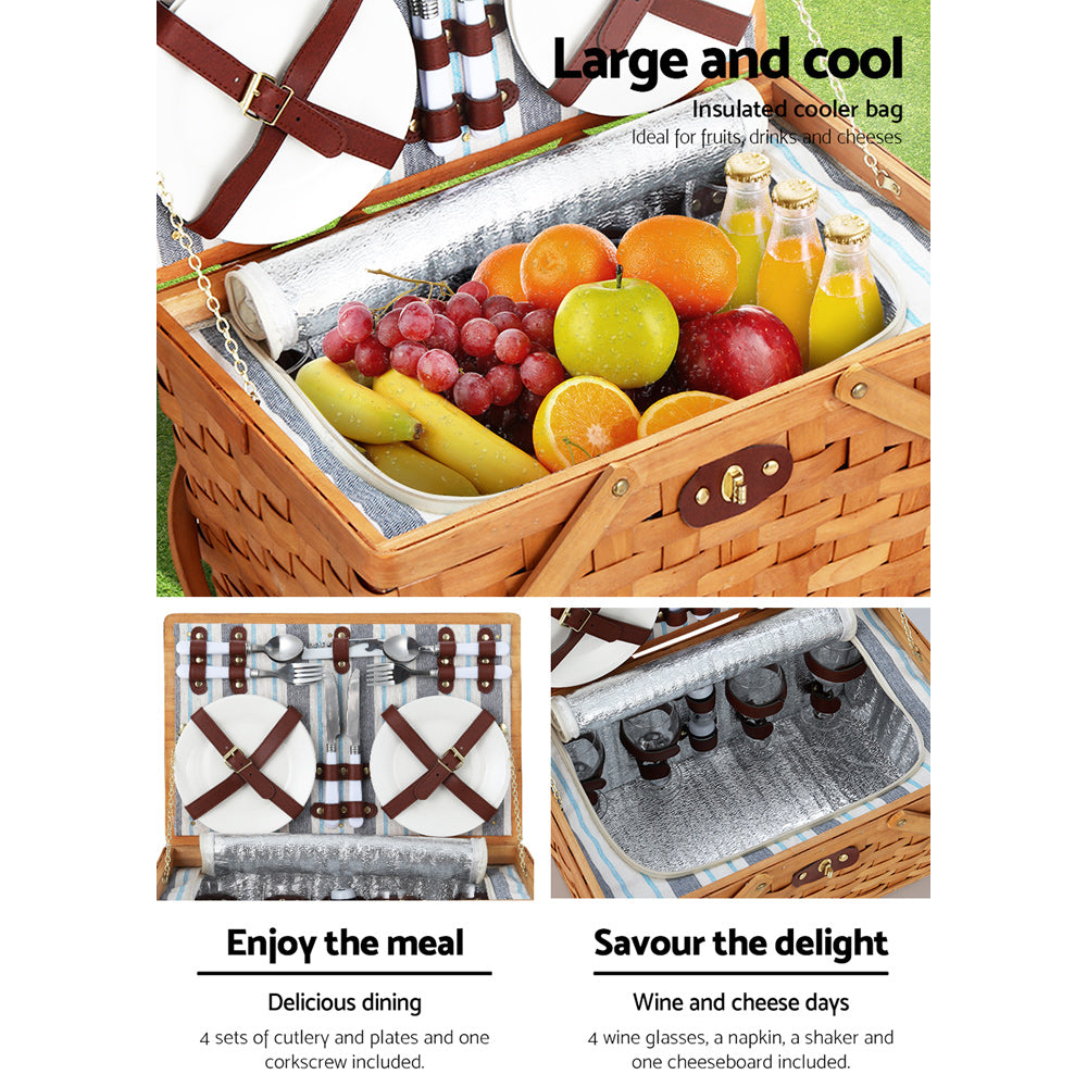 Alfresco 4 Person Picnic Basket Set Wooden Blanket Cooler Bag Outdoor