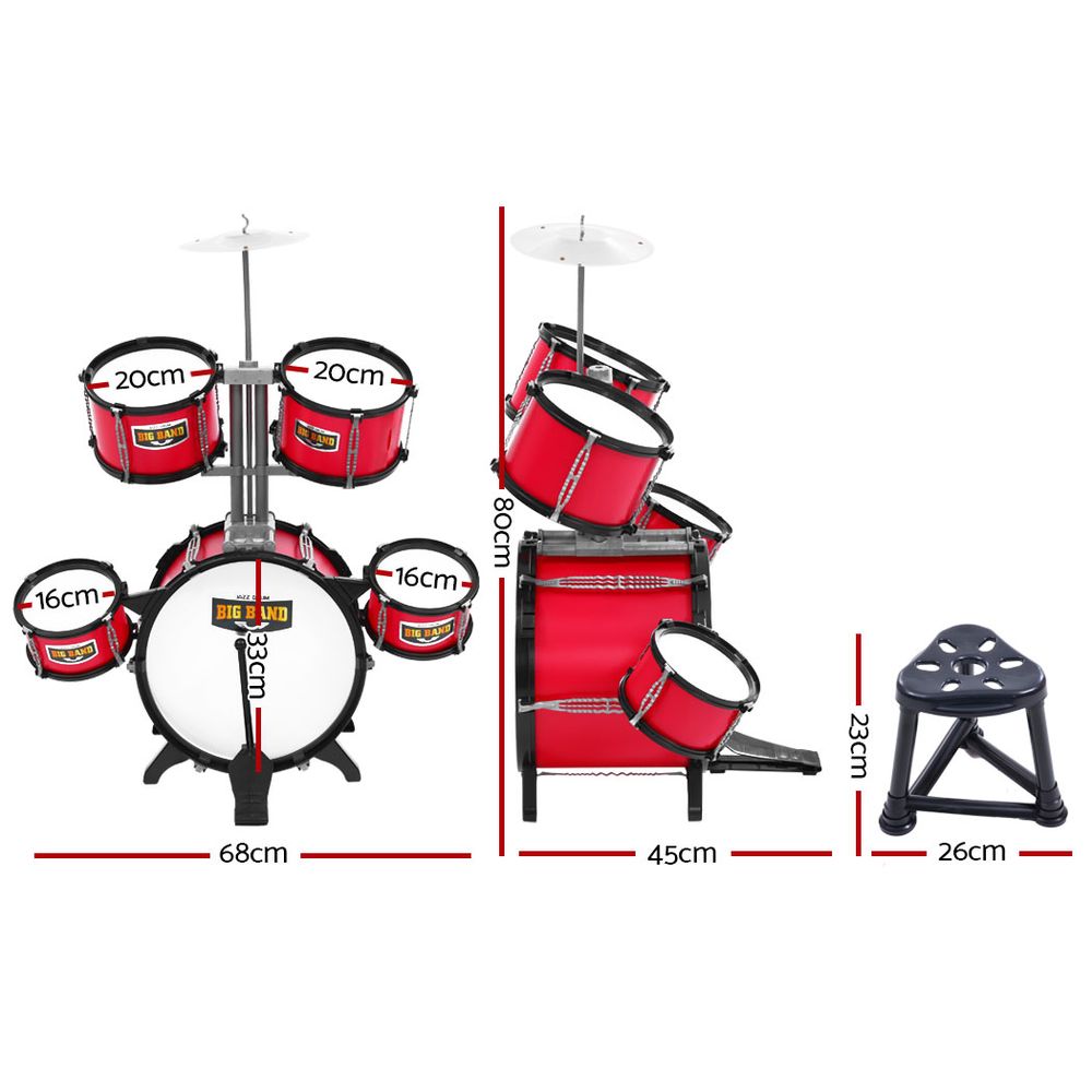 Keezi Kids 7 Piece Drum Set with Stool, Red