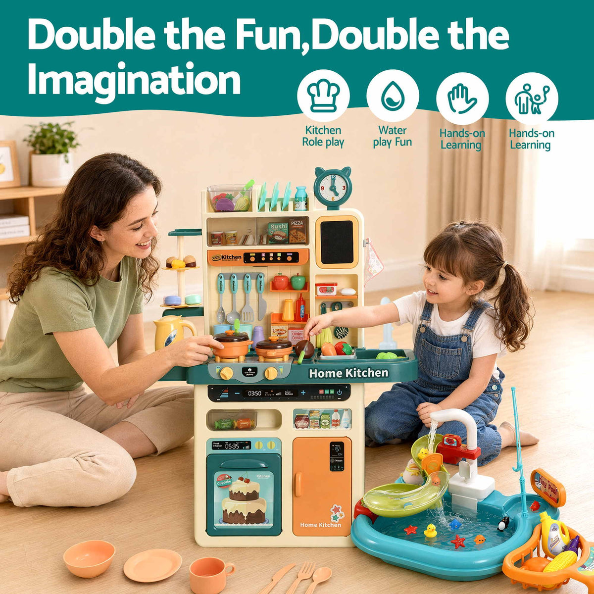Keezi 2 Piece Kids Pretend Kitchen Playset Water Toys Fishing Game