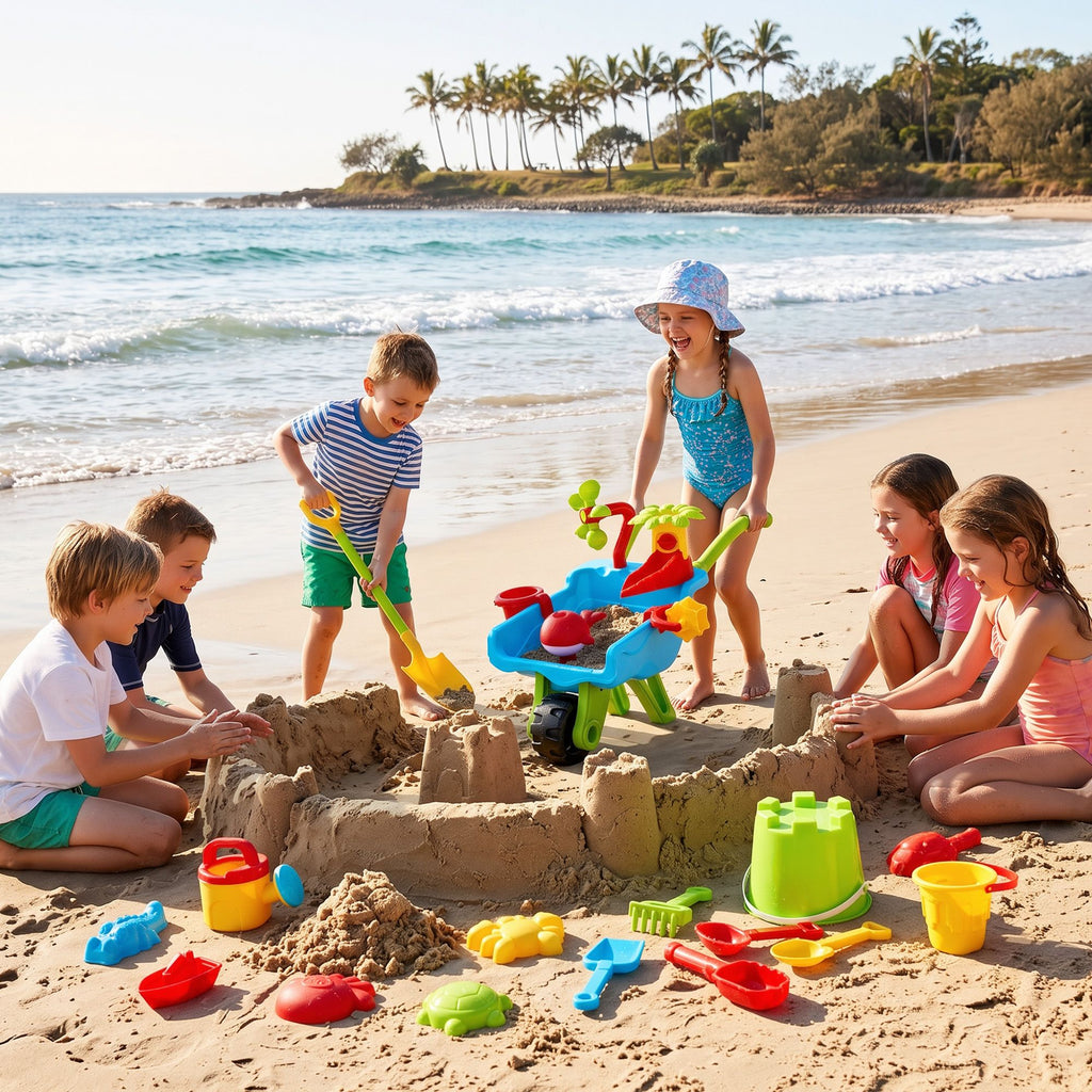 Keezi Kids Sandpit Beach Toys Set Wheelbarrow Shovels Animal Molds