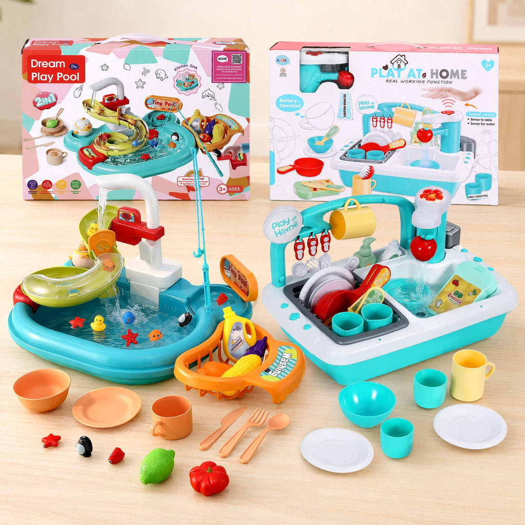 Keezi Kids Pretend Kitchen Sink and Water Playset Fishing Game Toys