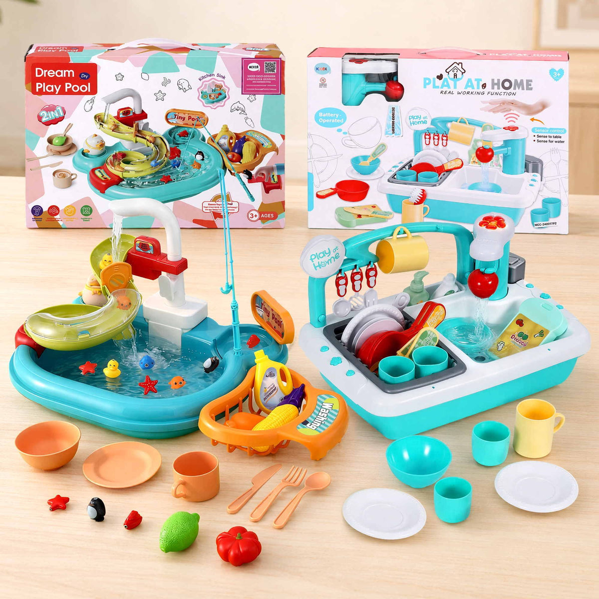Keezi Kids Pretend Kitchen Sink and Water Playset Fishing Game Toys