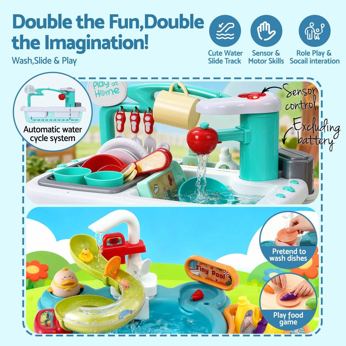 Keezi Kids Pretend Kitchen Sink and Water Playset Fishing Game Toys