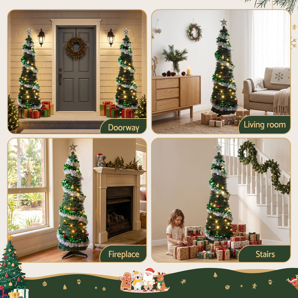 Jingle Jollys Pop Up Christmas Tree Pre Decorated Warm White LED 155cm
