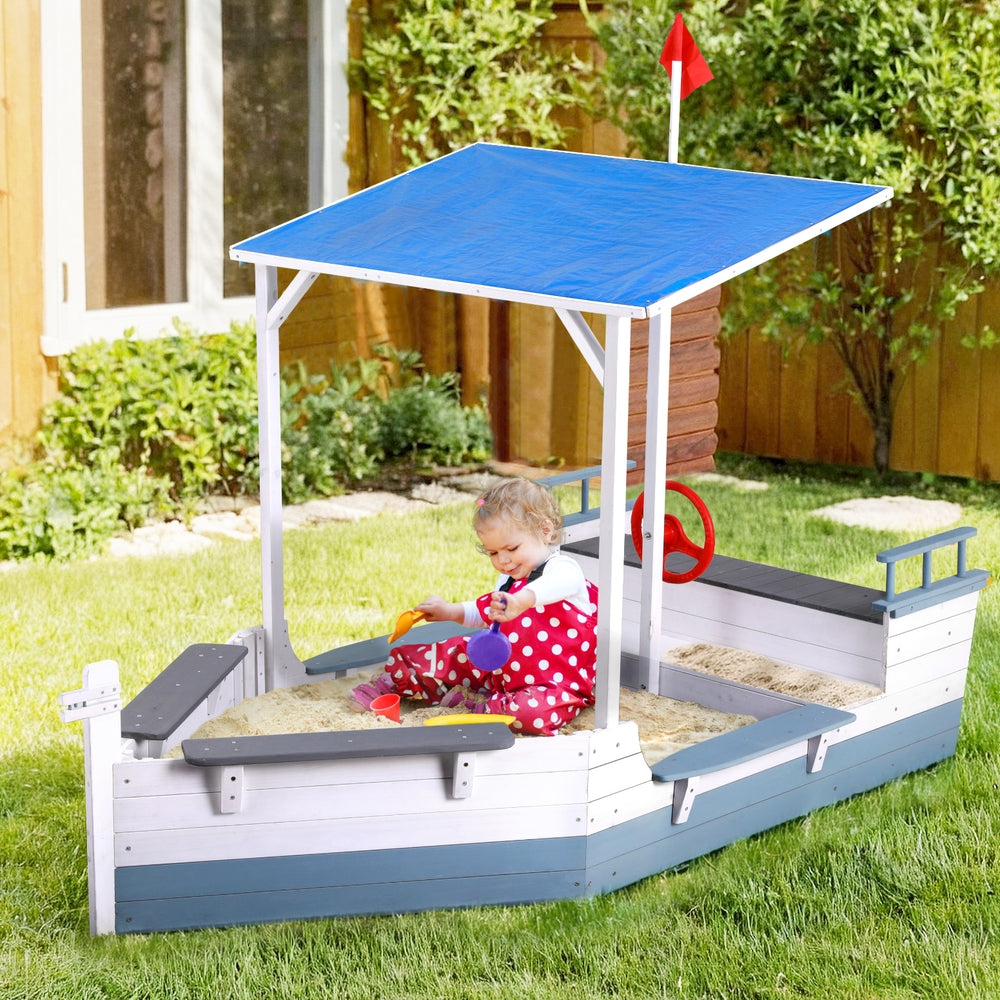 Keezi Kids Sandpit Wooden Box Boat Canopy Flag Outdoor Toys Children