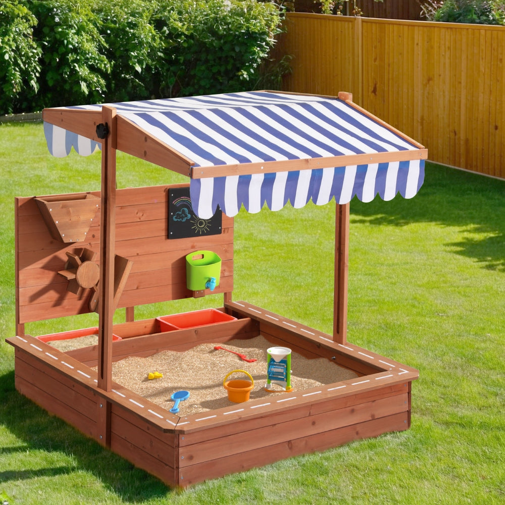 Keezi Kids Sandpit Wooden Canopy Sandbox With Cover Funnel Outdoor