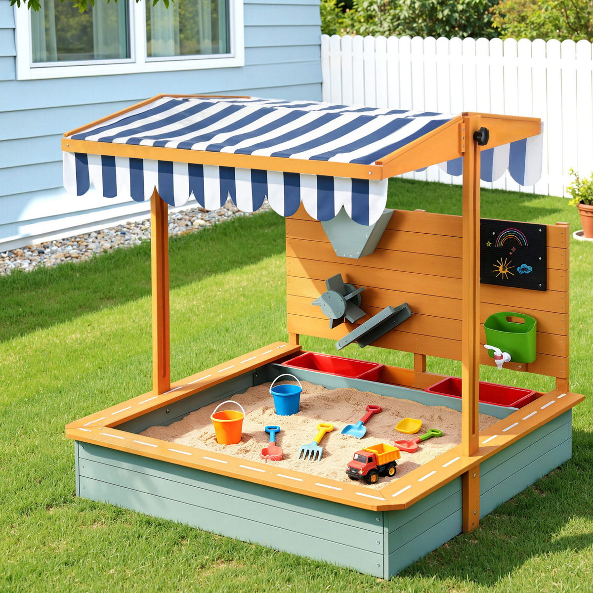 Keezi Kids Sandpit Wooden Canopy Sandbox With Cover Funnel Outdoor