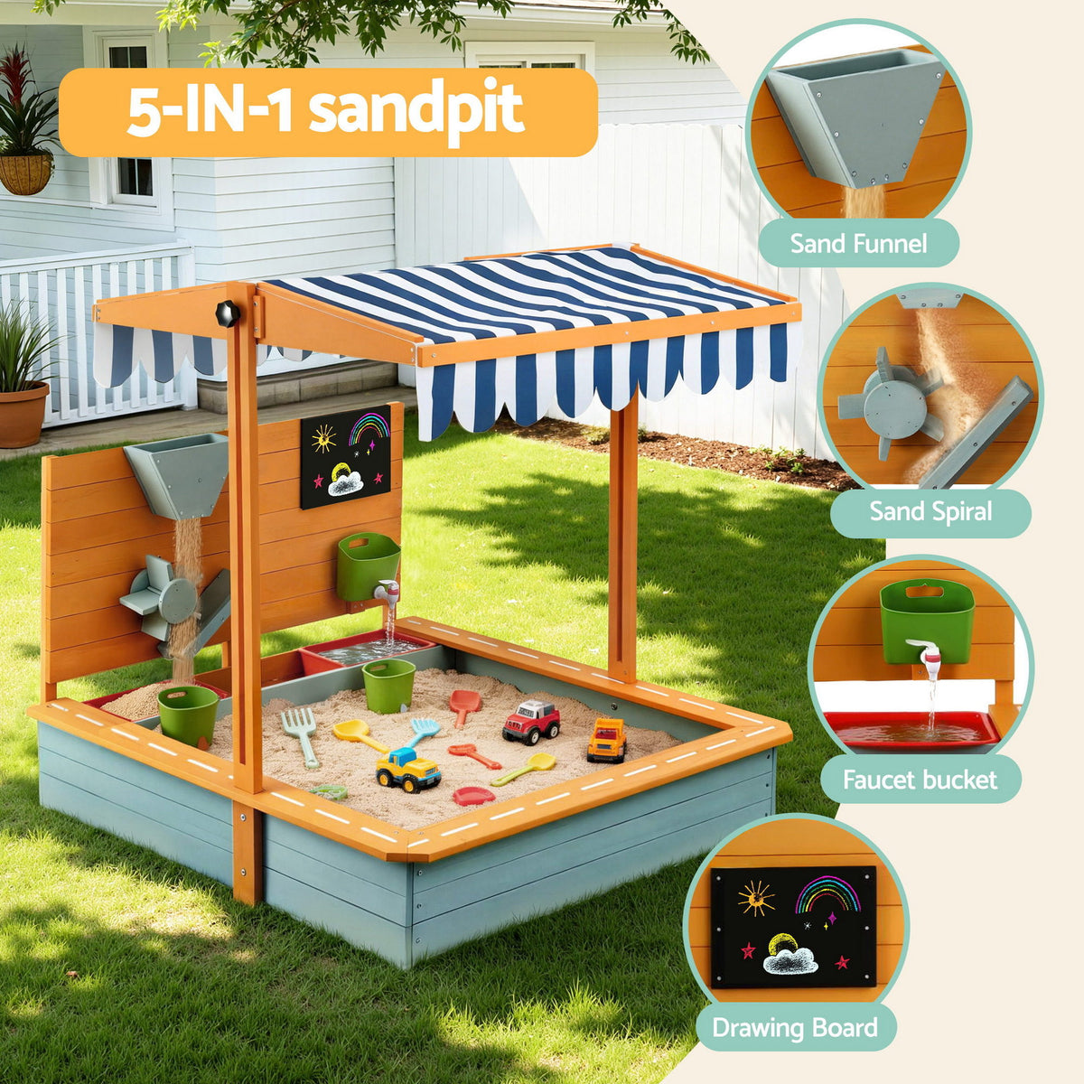 Keezi Kids Sandpit Wooden Canopy Sandbox With Cover Funnel Outdoor