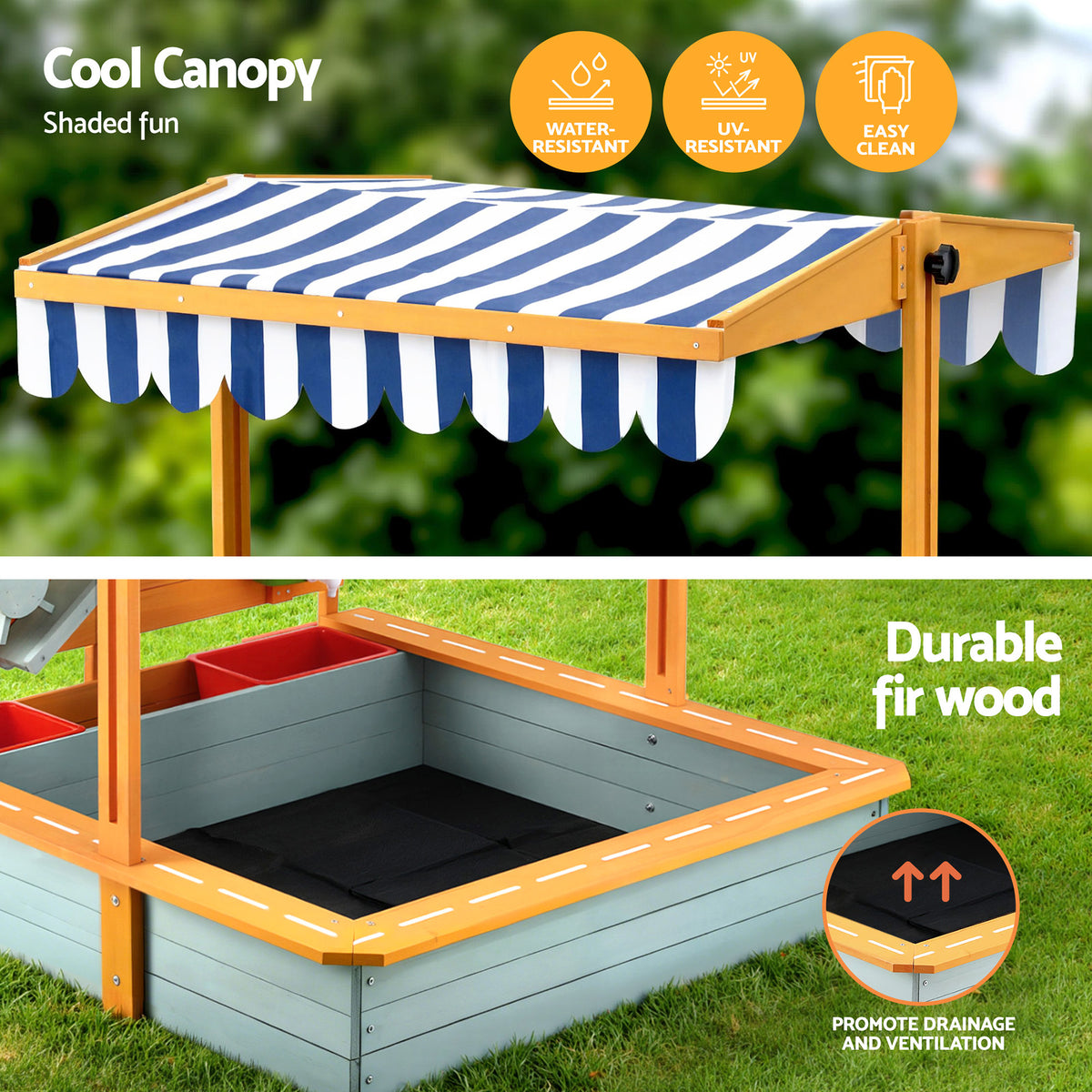 Keezi Kids Sandpit Wooden Canopy Sandbox With Cover Funnel Outdoor