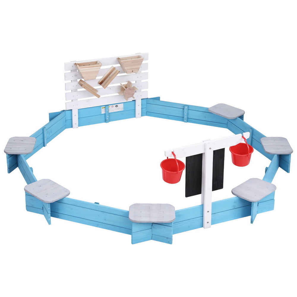 Keezi Kids Sandpit Wooden Round Sand Pit Funnel Bench Seat Beach Toys