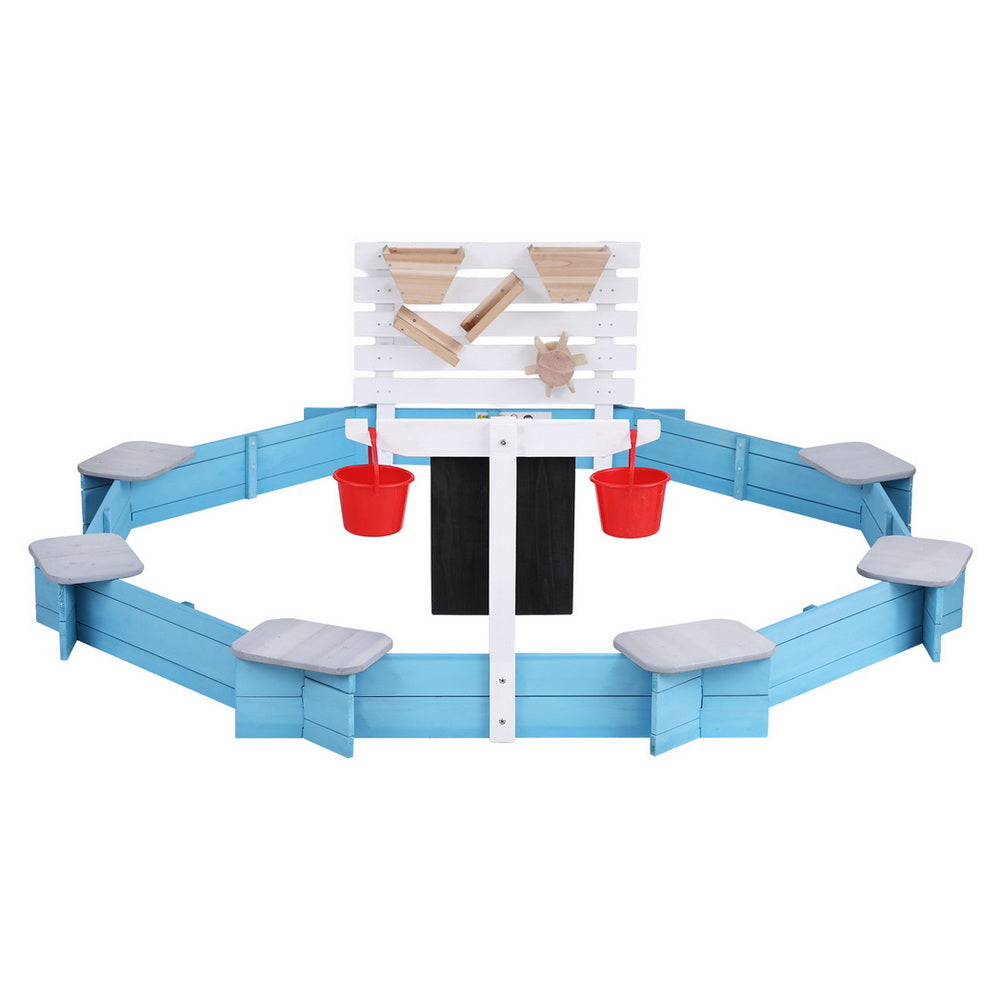 Keezi Kids Sandpit Wooden Round Sand Pit Funnel Bench Seat Beach Toys
