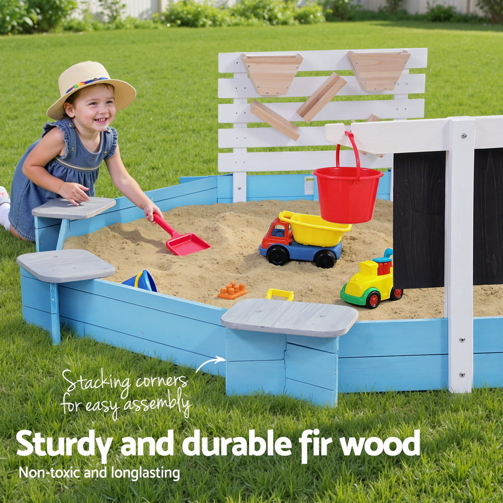 Keezi Kids Sandpit Wooden Round Sand Pit Funnel Bench Seat Beach Toys