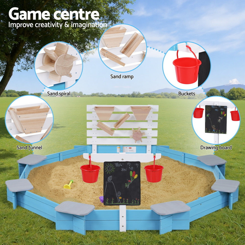 Keezi Kids Sandpit Wooden Round Sand Pit Funnel Bench Seat Beach Toys