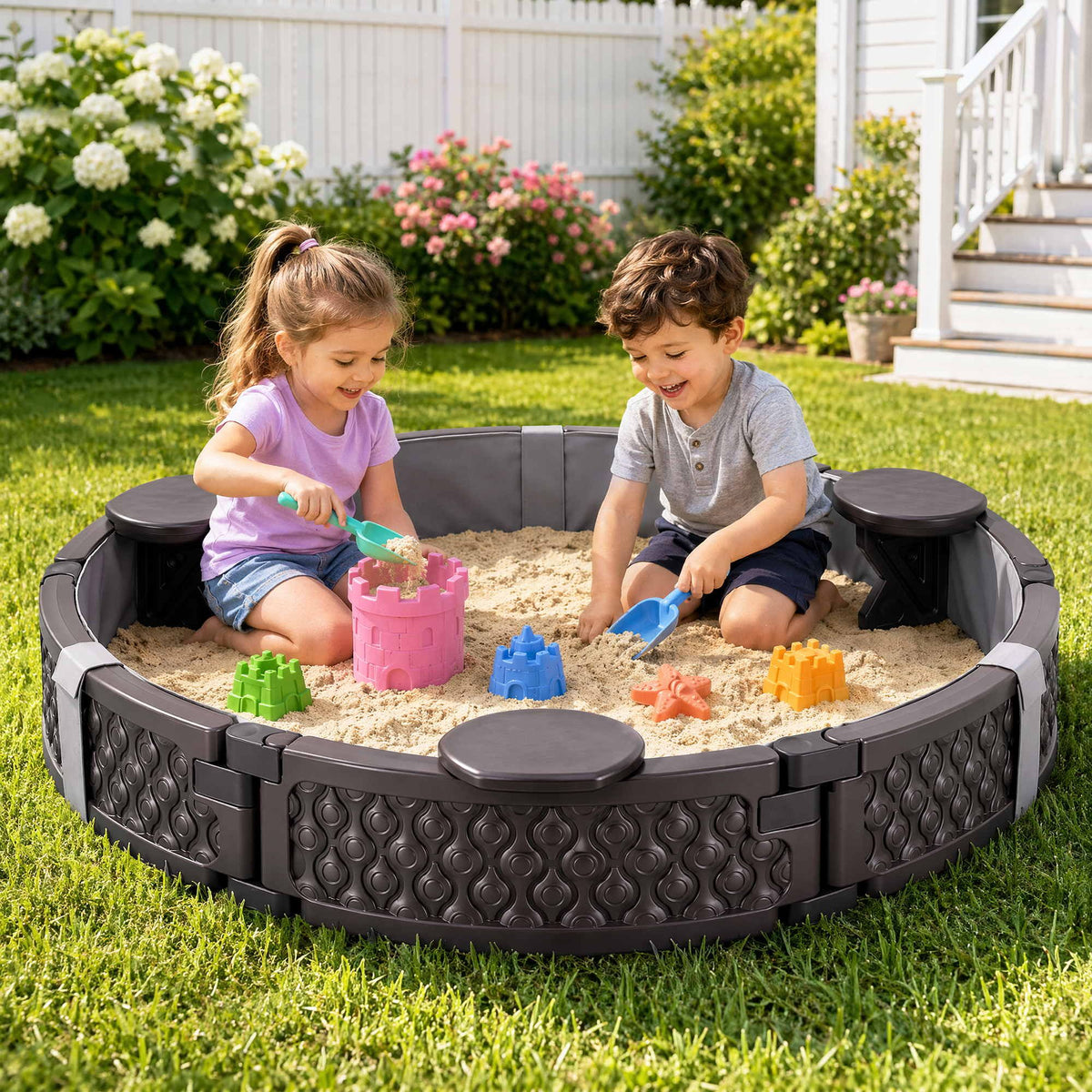 Kids Outdoor Sandpit Toys Sandbox 121cm Round Brown 3 Seats Cover