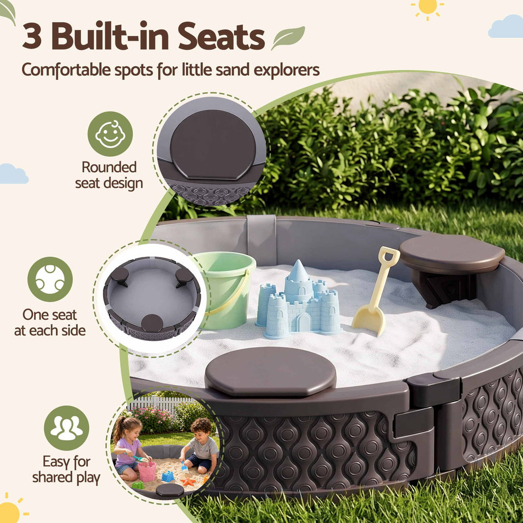 Kids Outdoor Sandpit Toys Sandbox 121cm Round Brown 3 Seats Cover
